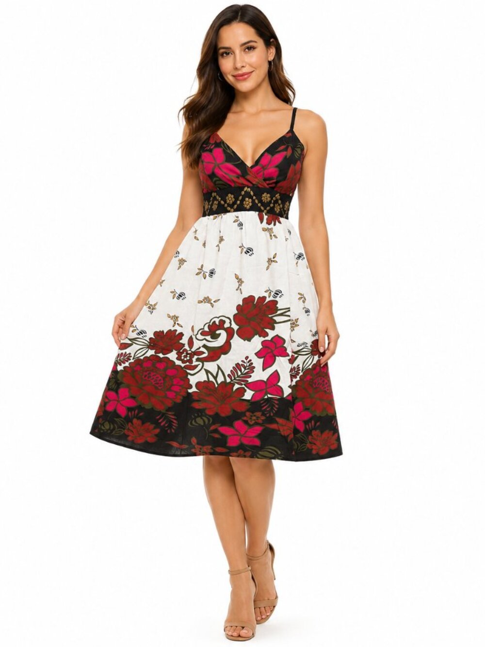 Women’s Cotton Floral Sundress V-Neck Smocked Back Embellished Waist Midi Dress